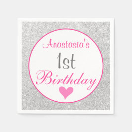 Girly Princess Pink & Silver Glitzer 1. Geburtstag Serviette