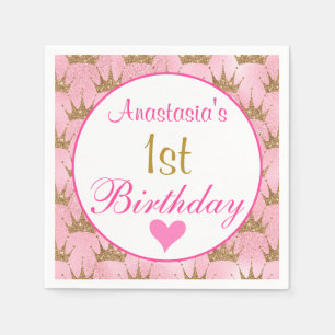 Girly Princess Pink und Gold Glitzer 1. Geburtstag Serviette