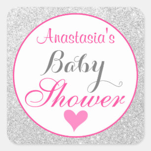 Girly Princess Pink und Silver Glitzer Babydusche Quadratischer Aufkleber