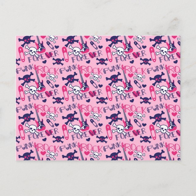 Girly Punk Rock Electric Gitarren und Skulls Pink Postkarte (Vorderseite)