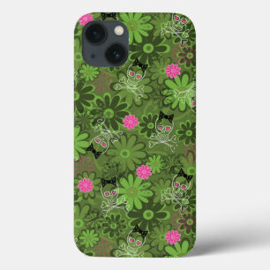 Girly Punkschädel auf Blumen-Camouflagehintergrund iPhone 13 Hülle