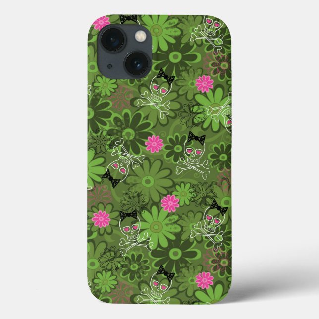 Girly Punkschädel auf Blumen-Camouflagehintergrund Case-Mate iPhone Hülle (Rückseite)