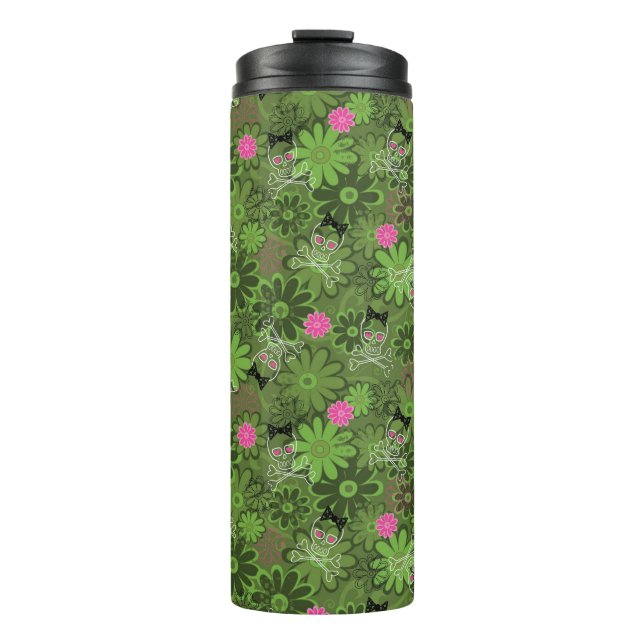 Girly Punkschädel auf Blumen-Camouflagehintergrund Thermosbecher (Vorderseite)