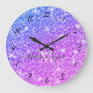 Girly Purple and Pink Glitter Monogram Name        Große Wanduhr