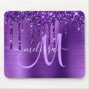 Girly Purple Dripping Glitter Brush Metal Monogram Mousepad