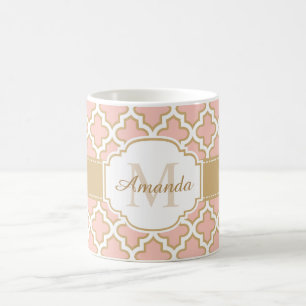 Girly Quatrefoil marokkanisches rosa korallenrotes Tasse