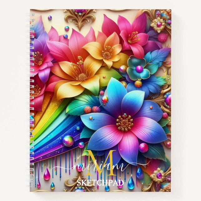 Girly Rainbow Floral Flower Monogram Notizbuch (Vorderseite)