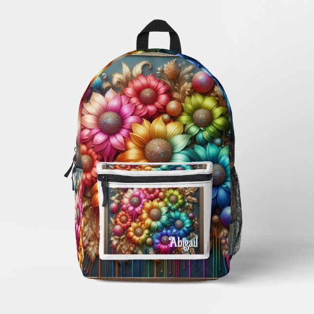 Girly Rainbow Flowers with Glitter Drips Backpack Bedruckter Rucksack (Vorderseite)