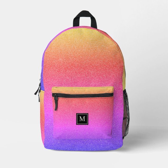 Girly Rainbow Glitzer Monogram School Bedruckter Rucksack (Vorderseite)