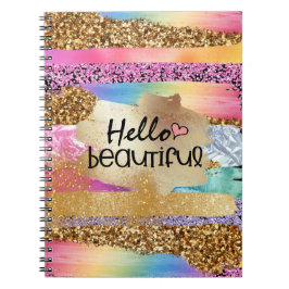 Girly rainbow gold glitter hello beautiful heart notizblock