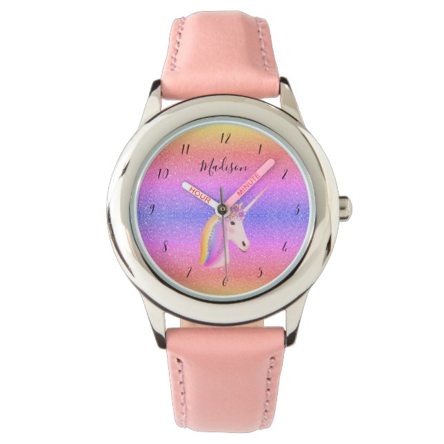 Girly Rainbow Unicorn Pastel Pink Glitzer Kinder Armbanduhr (Vorderseite)