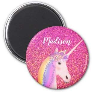 Girly Rainbow Unicorn Rosa Glitzer Personalisiert Magnet