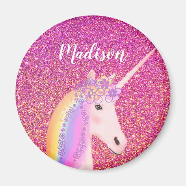 Girly Rainbow Unicorn Rosa Glitzer Personalisiert Magnet (Vorne)