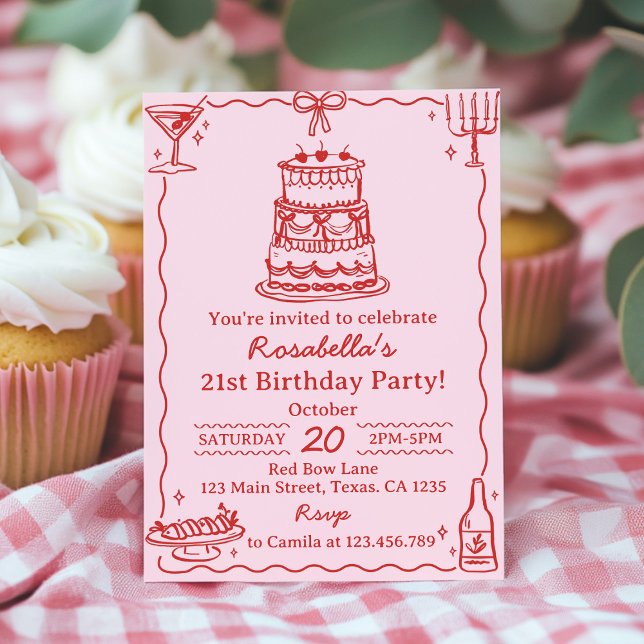 Girly Red and Pink Bow Cake Birthday Invitation Einladung (Von Creator hochgeladen)