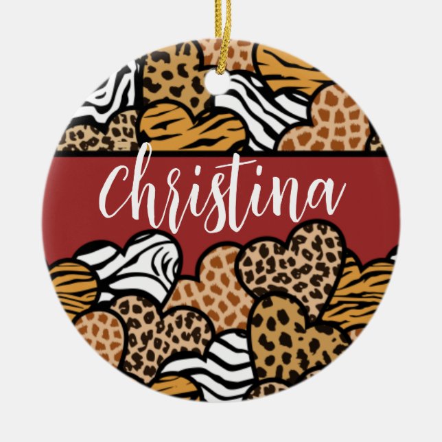 Girly Red Playful Animal Print Herds Name Keramik Ornament (Vorne)