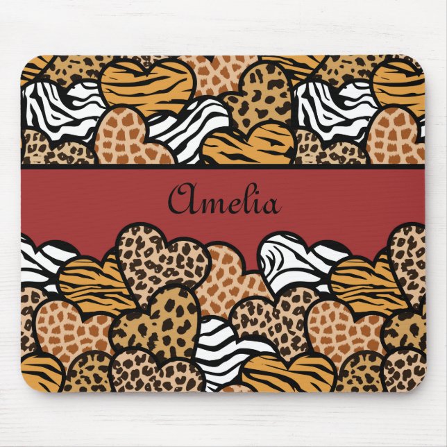 Girly Red Playful Animal Print Herds Name Mousepad (Vorne)