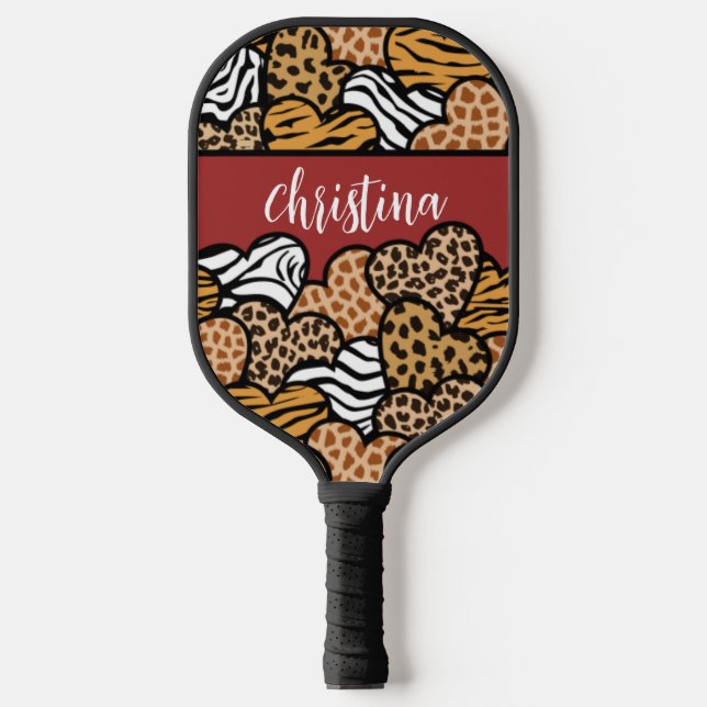 Girly Red Playful Animal Print Herds Name Pickleball Schläger (Vorderseite)