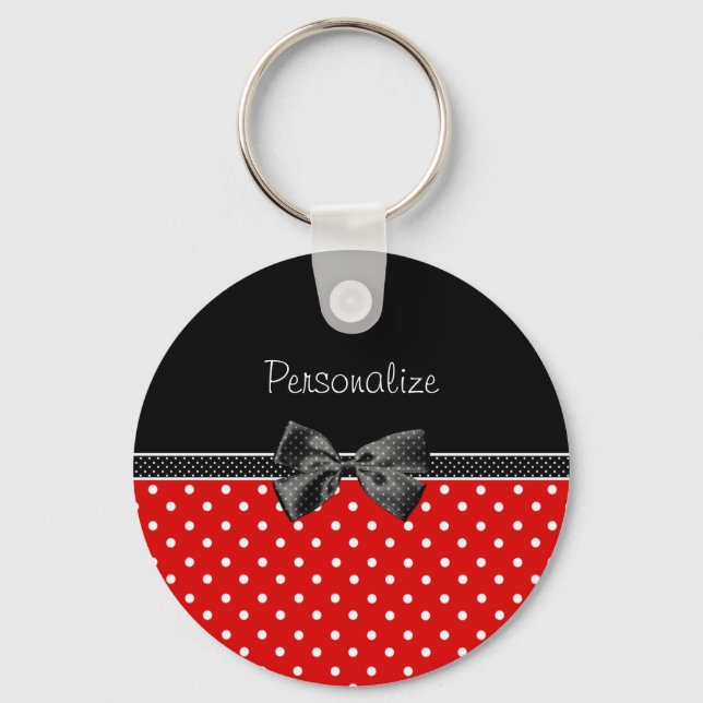 Girly Red und Black Polka Dots mit Bow und Name Schlüsselanhänger (Vorderseite)