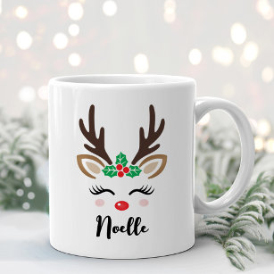 Girly Reindeer Face Personalisierter Name Weihnach Kaffeetasse