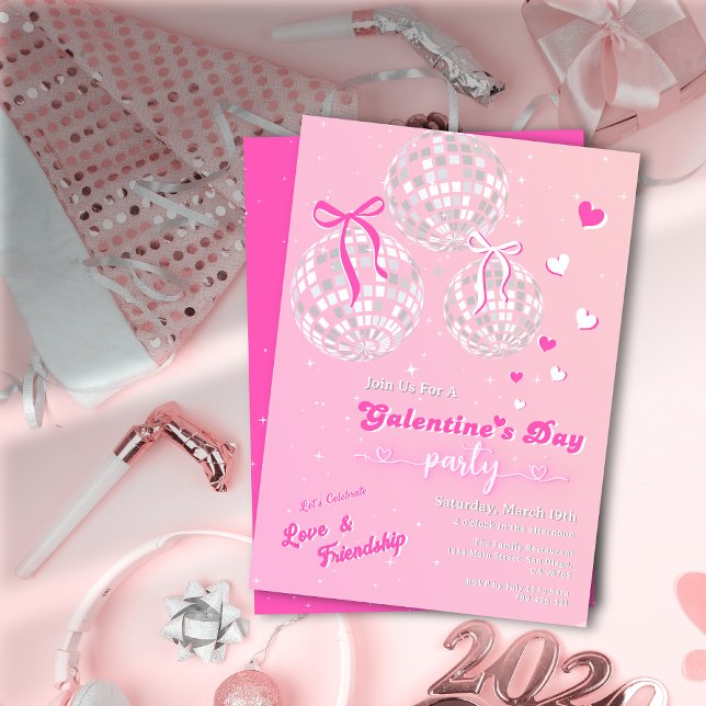 Girly Retro Pink Silver Disco Ball Galentine's Day Einladung (Girly Retro Pink Silver Disco Ball Galentine's Day Invitation)