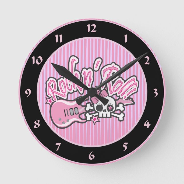 Girly Rock n Rollenschädel Runde Wanduhr (Vorderseite)