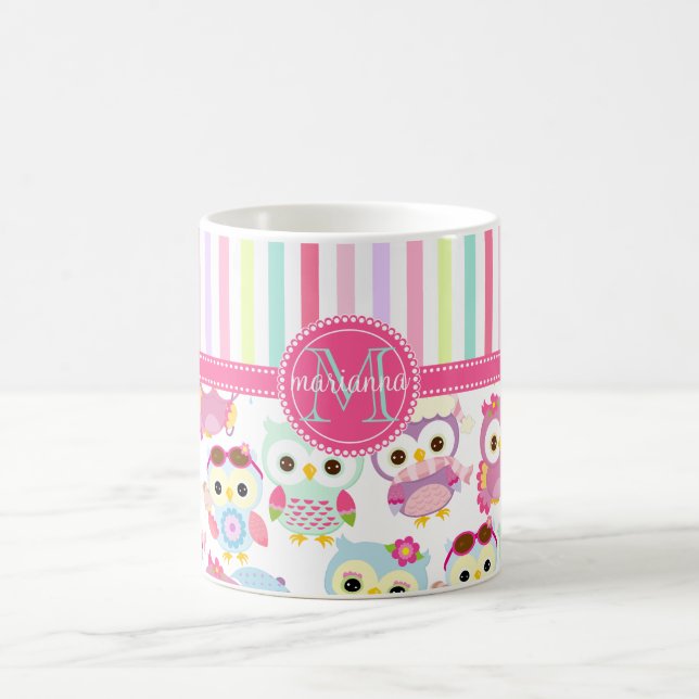 Girly rosa Eulen-niedliches Muster PersCustomize Kaffeetasse (Mittel)