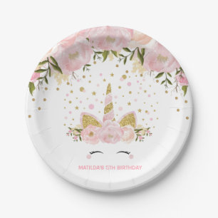 Girly rosa Goldblumenunicorn-Geburtstags-Party Pappteller