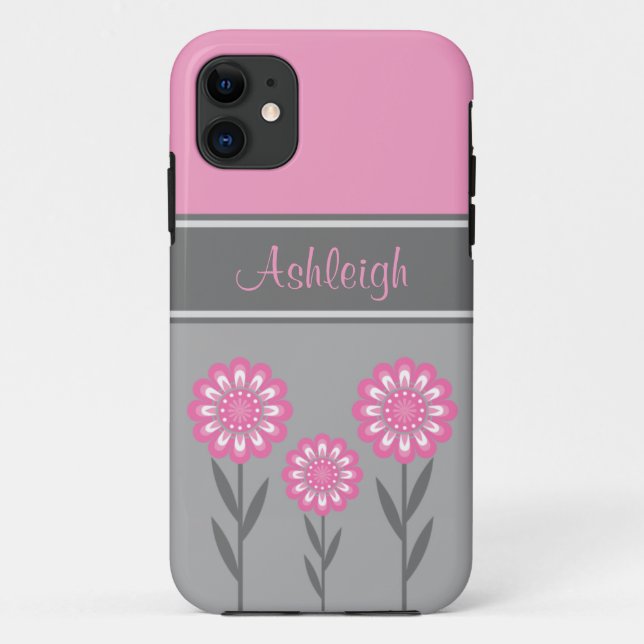 Girly rosa iPhone5 und graue Blumen-Streifen Case-Mate iPhone Hülle (Rückseite)