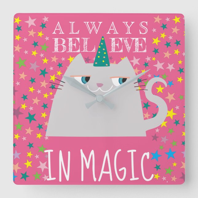 Girly rosa Katzen-Einhorn | glauben immer an Magie Quadratische Wanduhr (Vorderseite)