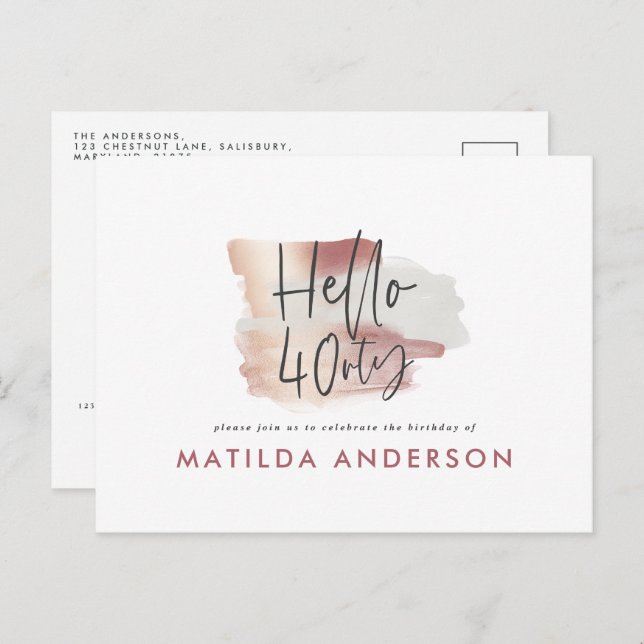 Girly rosa Rosa Gold, modern 40. Geburtstag Einladungspostkarte (Vorne/Hinten)