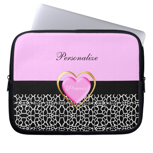 Girly rosa schwarze Prinzessin Giraffe Print und Laptopschutzhülle (Vorderseite)