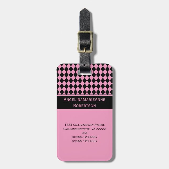 Girly rosa schwarze Rauten-Diamant-Muster-Umbauten Gepäckanhänger (Vorderseite vertikal)