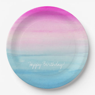 Girly rosa und blauer Aquarell Ombre Geburtstag Pappteller