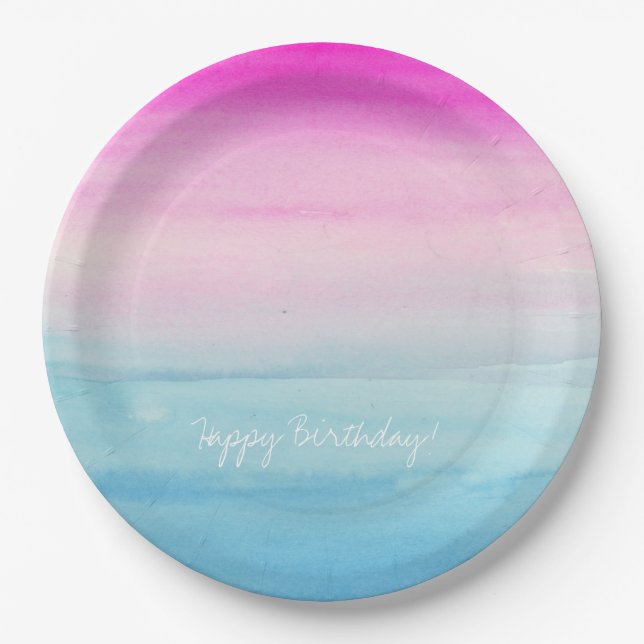 Girly rosa und blauer Aquarell Ombre | Geburtstag Pappteller (Vorderseite)