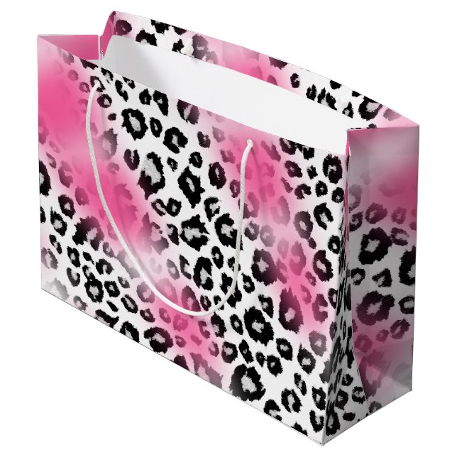 Girly Rosa-und Schnee-Leopard-Masche Große Geschenktüte (Rückseite Schrägansicht)