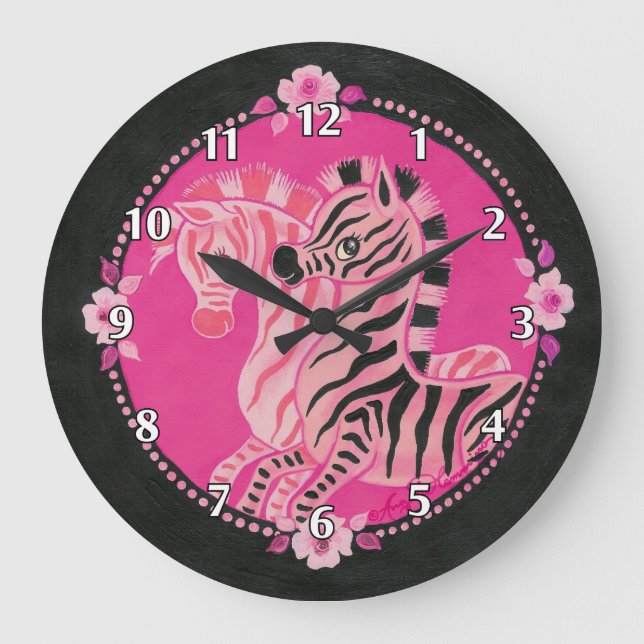 Girly rosa Zebras auf Schwarzem Große Wanduhr (Vorderseite)