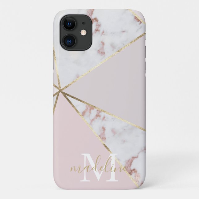 Girly Rose Gold Blush Geometric Monogram iPhone 11 Case-Mate iPhone Hülle (Rückseite)
