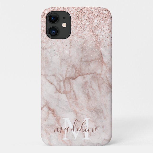 Girly Rose Gold Blush Marmor Glitzer Monogram Case-Mate iPhone Hülle (Rückseite)