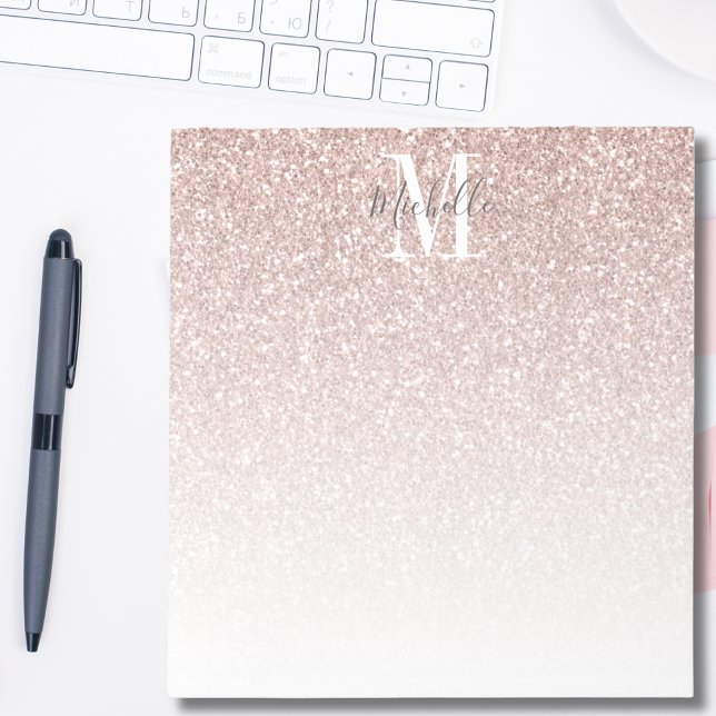 Girly Rose Gold Blush Pink Glitter Monogram Name Notizblock (Von Creator hochgeladen)