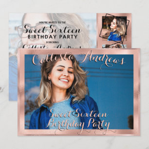 Girly Rose Gold Border Foto Collage Sweet 16 Einladung