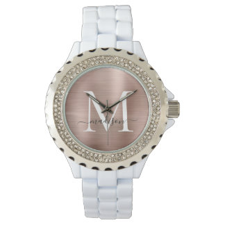 Girly Rose Gold Brushed Metal Monogram Script Name Armbanduhr