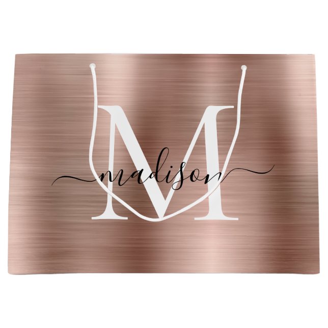 Girly Rose Gold Brushed Metal Monogram Script Name Große Geschenktüte (Vorderseite)