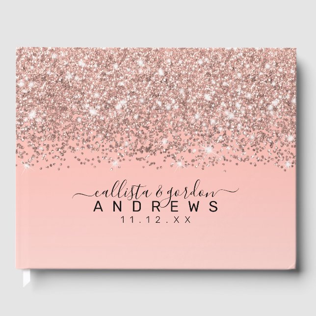 Girly Rose Gold Confetti Pink Gradient Ombre Gästebuch (Vorderseite)
