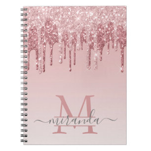 Girly Rose Gold Glitter Drips Ombre Monogram Notizblock