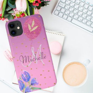 Girly Rose Gold Glitter Floral Initial Name  Case-Mate iPhone Hülle