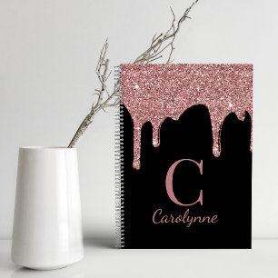 Girly Rose Gold Glitter Tropfen Monogramm auf Schw Notizbuch