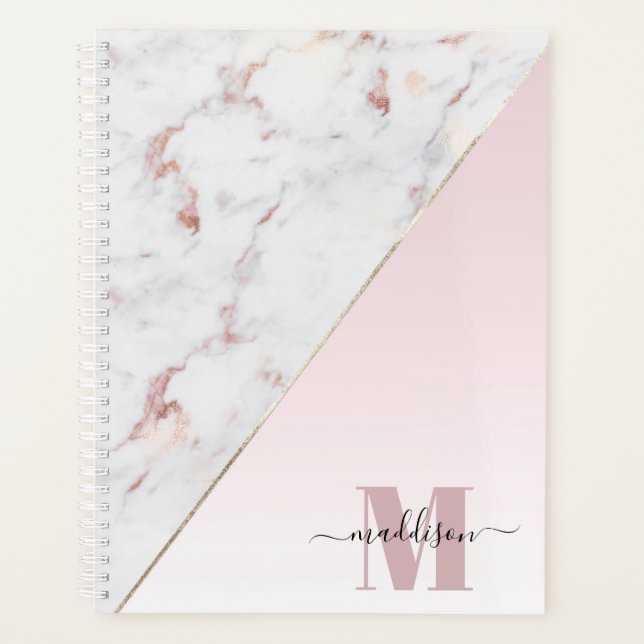 Girly Rose Gold Glitzer Marmor Monogramm Planer (Vorderseite)