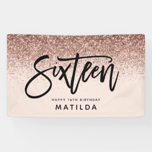 Girly Rose Gold Glitzer Rosa Typograph 16 Geburtst Banner