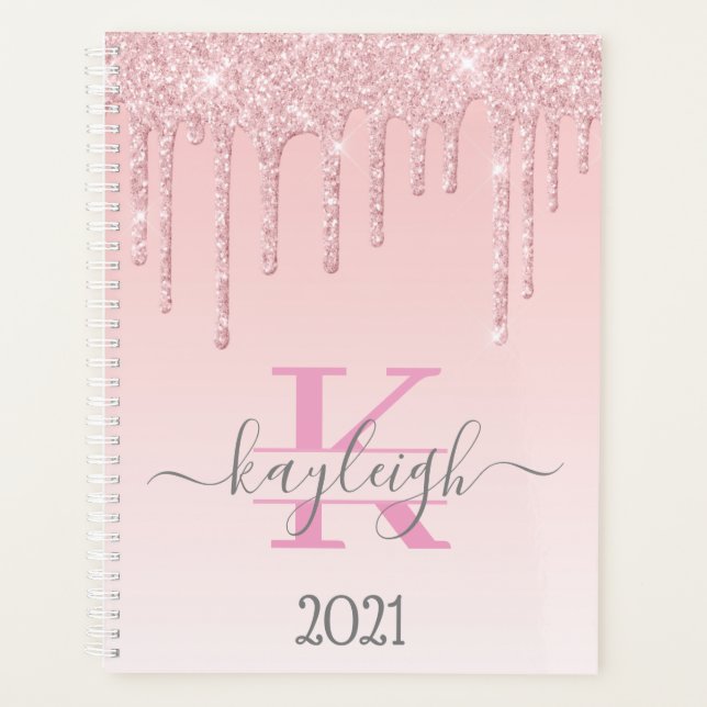 Girly Rose Gold Glitzer Tropfen Ombre Monogram 202 Planer (Vorderseite)