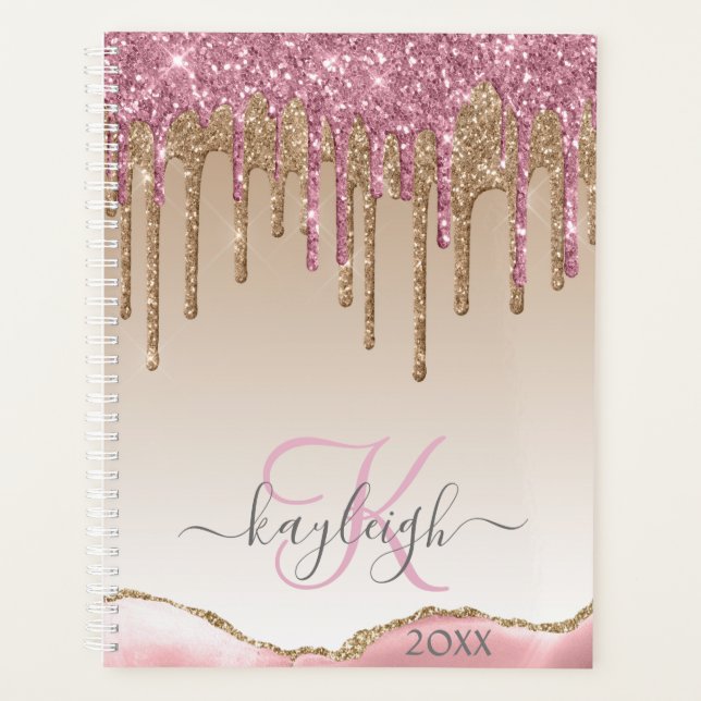 Girly Rose Gold Glitzer Tropfen Ombre Monogram 202 Planer (Vorderseite)